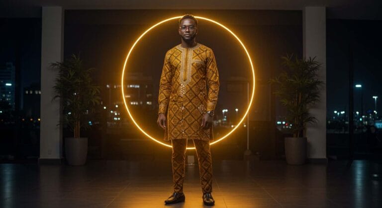 A confident young man in African attire stands before a glowing ring, representing leadership, growth, and resilience in Zimbabwe.