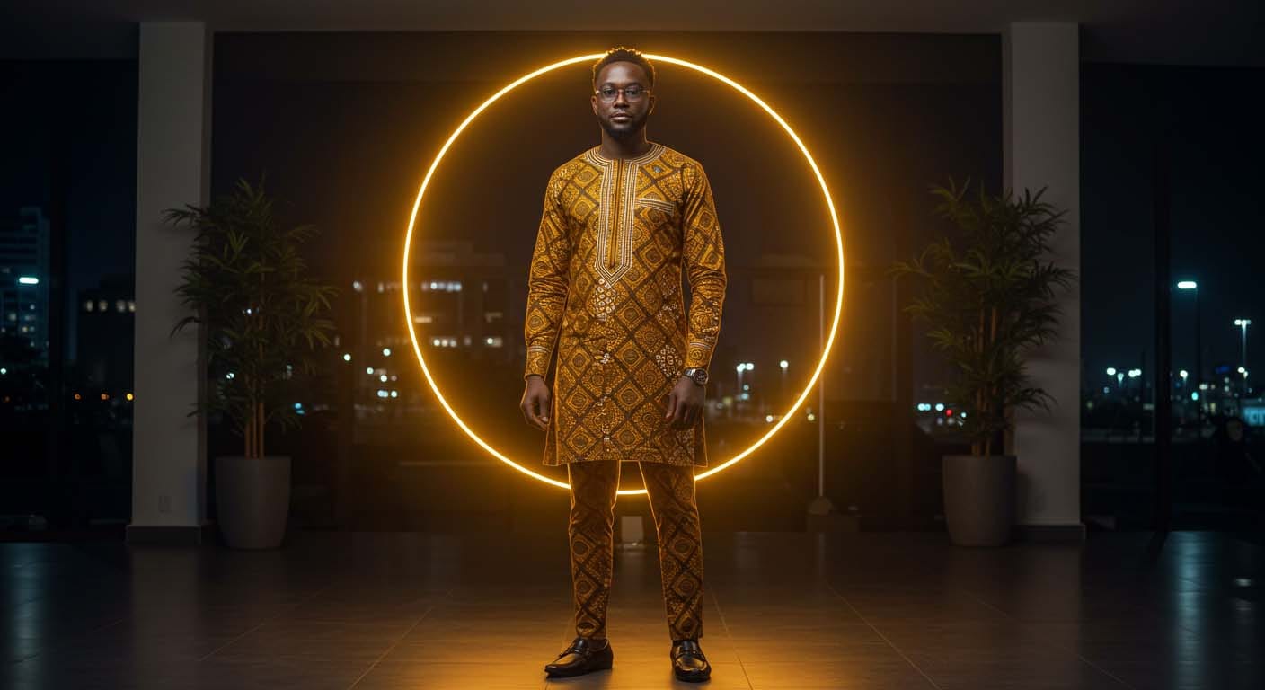 A confident young man in African attire stands before a glowing ring, representing leadership, growth, and resilience in Zimbabwe.