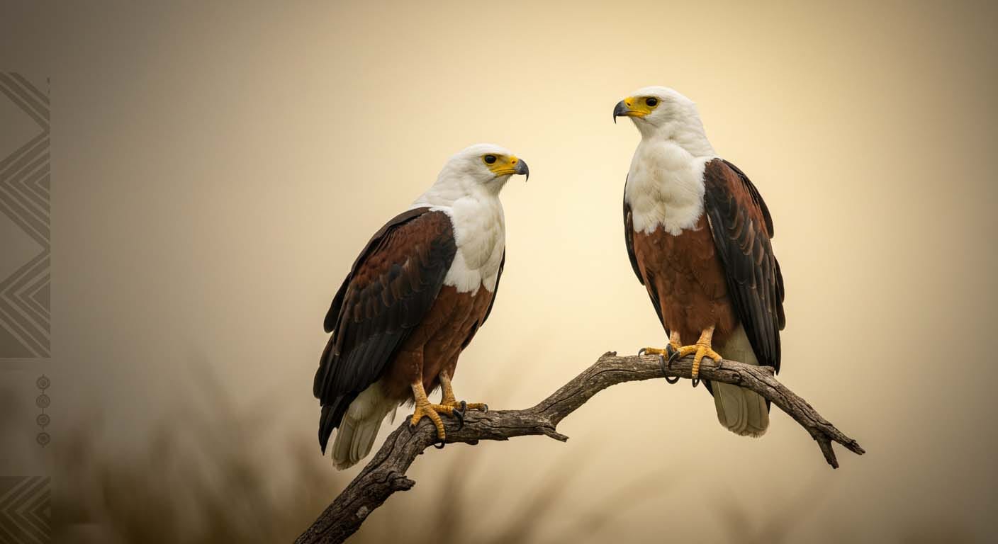 Two African fish eagles perched on a branch, symbolizing strong, watchful, and consistent leadership in Zimbabwe.