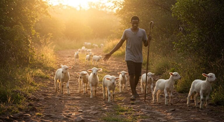 A young man walks with a group of lambs at sunrise, symbolizing patient and authentic youth leadership in the church.