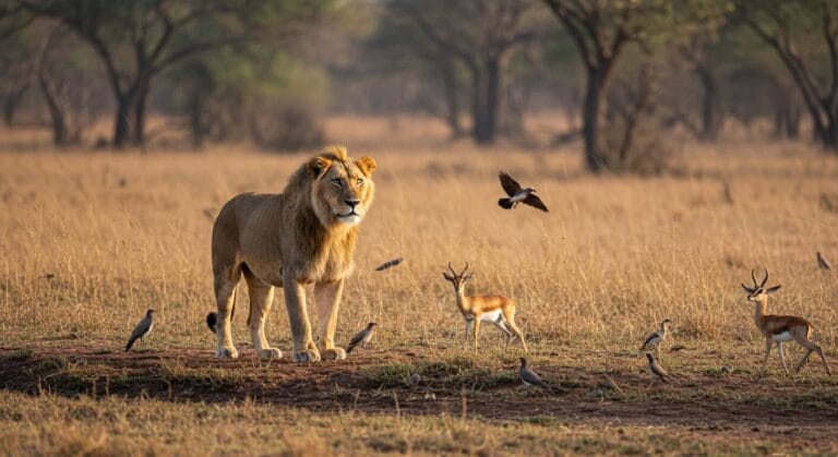 A confident male lion stands in the African savanna surrounded by birds and antelopes, symbolizing strength and humble leadership.