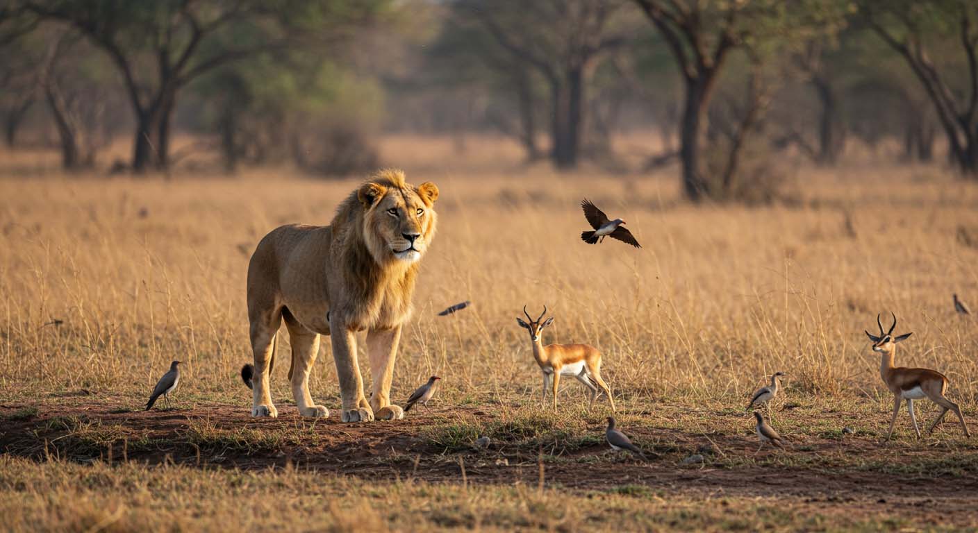 A confident male lion stands in the African savanna surrounded by birds and antelopes, symbolizing strength and humble leadership.