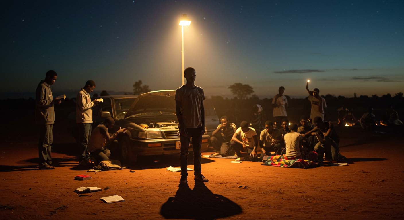 Group of Zimbabwean youths gathered at night around a car under a streetlight, reading and praying, symbolizing resilience and unity