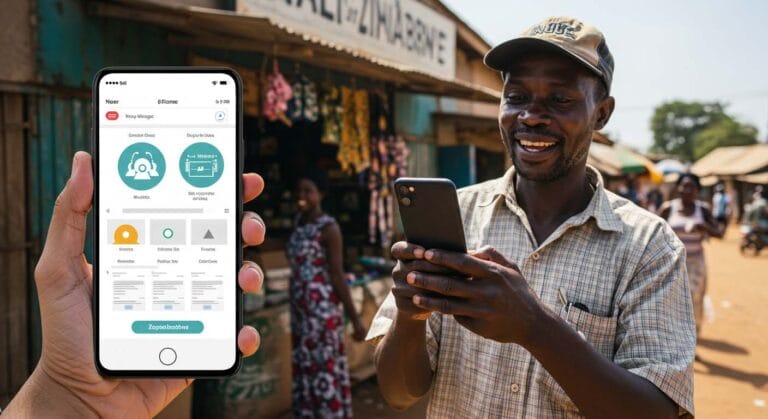 A smiling Zimbabwean market vendor uses a smartphone outside his stall, while a hand holds up a phone displaying an online business app.