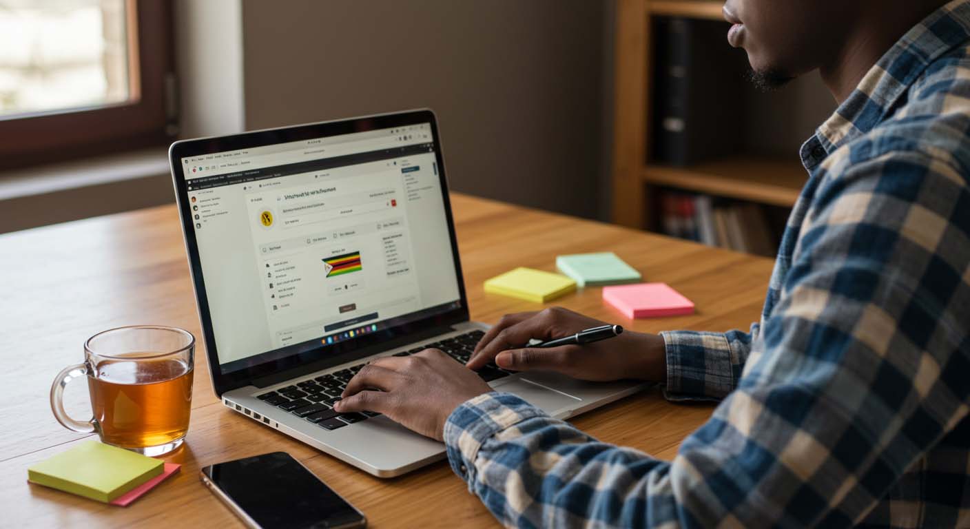 A young person in Zimbabwe designs a website on a laptop, with colorful notes and tea on the desk, symbolizing DIY web design.
