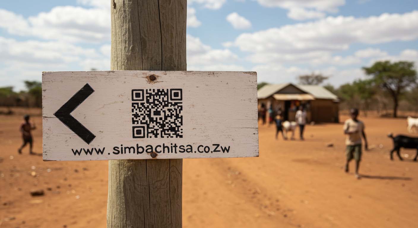 A wooden sign with a QR code and website URL on a rural Zimbabwean road, pointing the way to getting your website found locally.