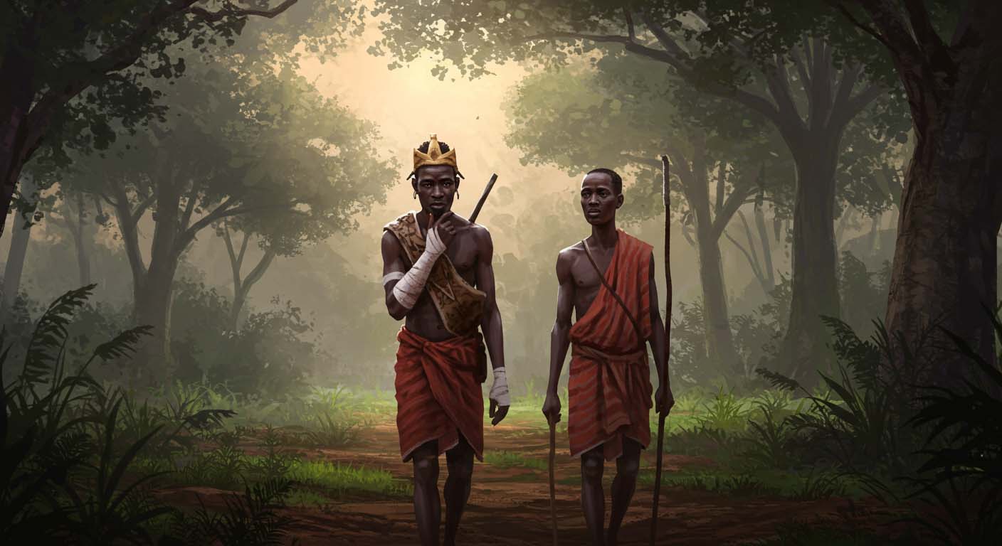 Two men in traditional robes walk through a sunlit forest, one wearing a crown, symbolizing faith and wisdom in life’s journey.